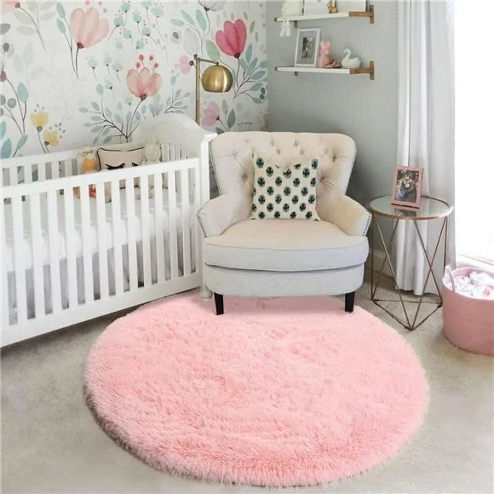 Pink Round Fluffy Rug 4ft Washable Shag Carpet for Girls Bedroom Kids Room